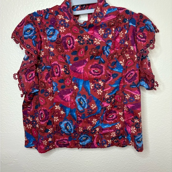 FARM Rio Tops - Farm RIO Floral Birds Blush Sleeves Red and Blue Blouse Size XS 100% Cotton